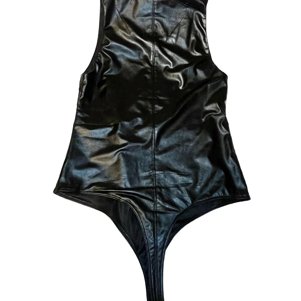 Shinestar Black Faux Leather Bodysuit Size M NWOT Edgy Chic - Picture 2 of 8
